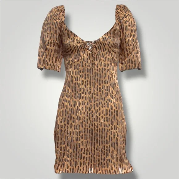 Alice + Olivia Brown Leopard Ruched Puff Sleeve Mini Dress